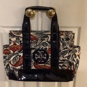 VINTAGE Tory Burch Navy  and Multicolor Fish Print Tote